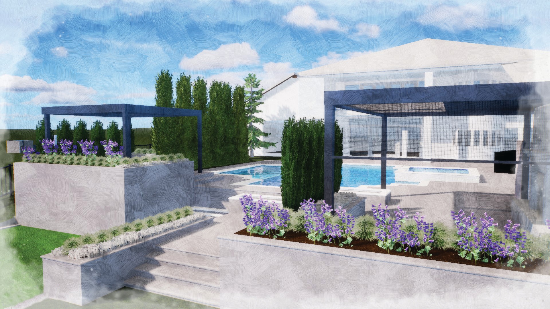 3D rendering of modern pool and spa with navy pergolas and purple salvia planting beds
