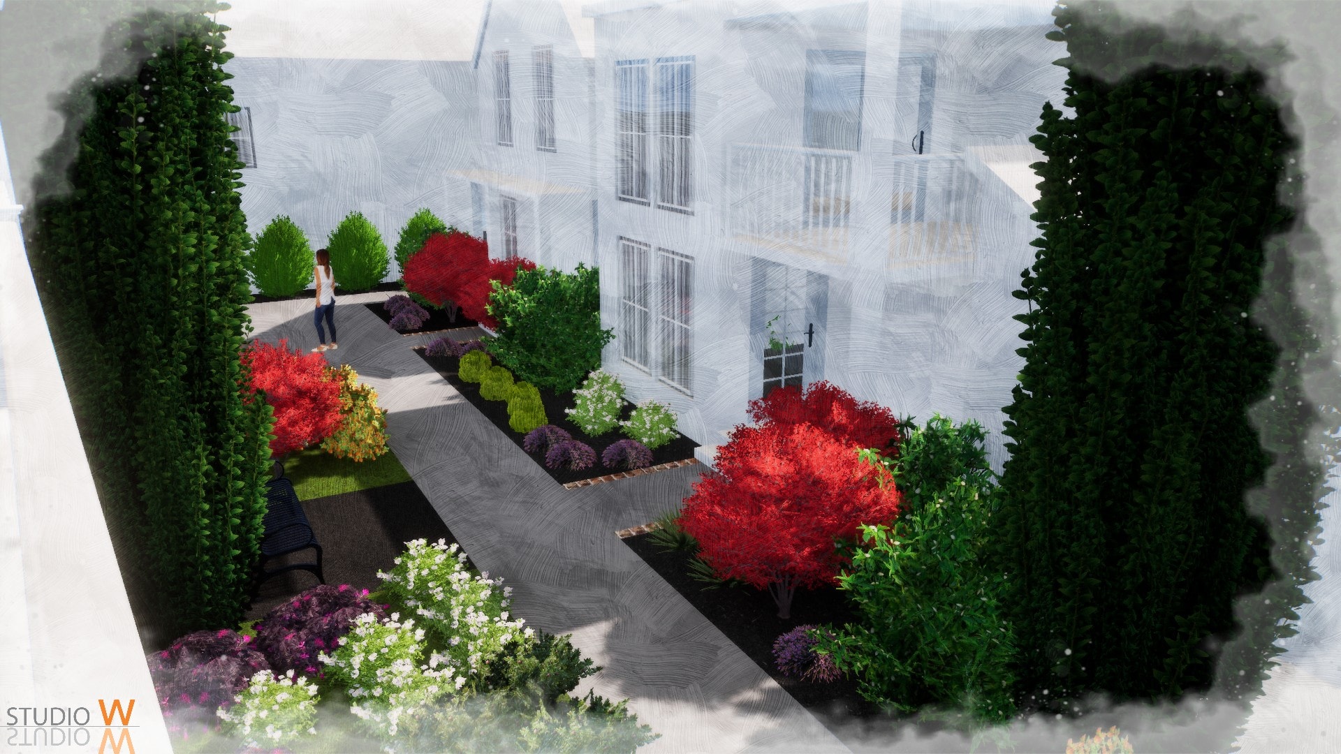 Studio W rendering of Lark Pocket courtyard with red Japanese maples and colorful planting beds