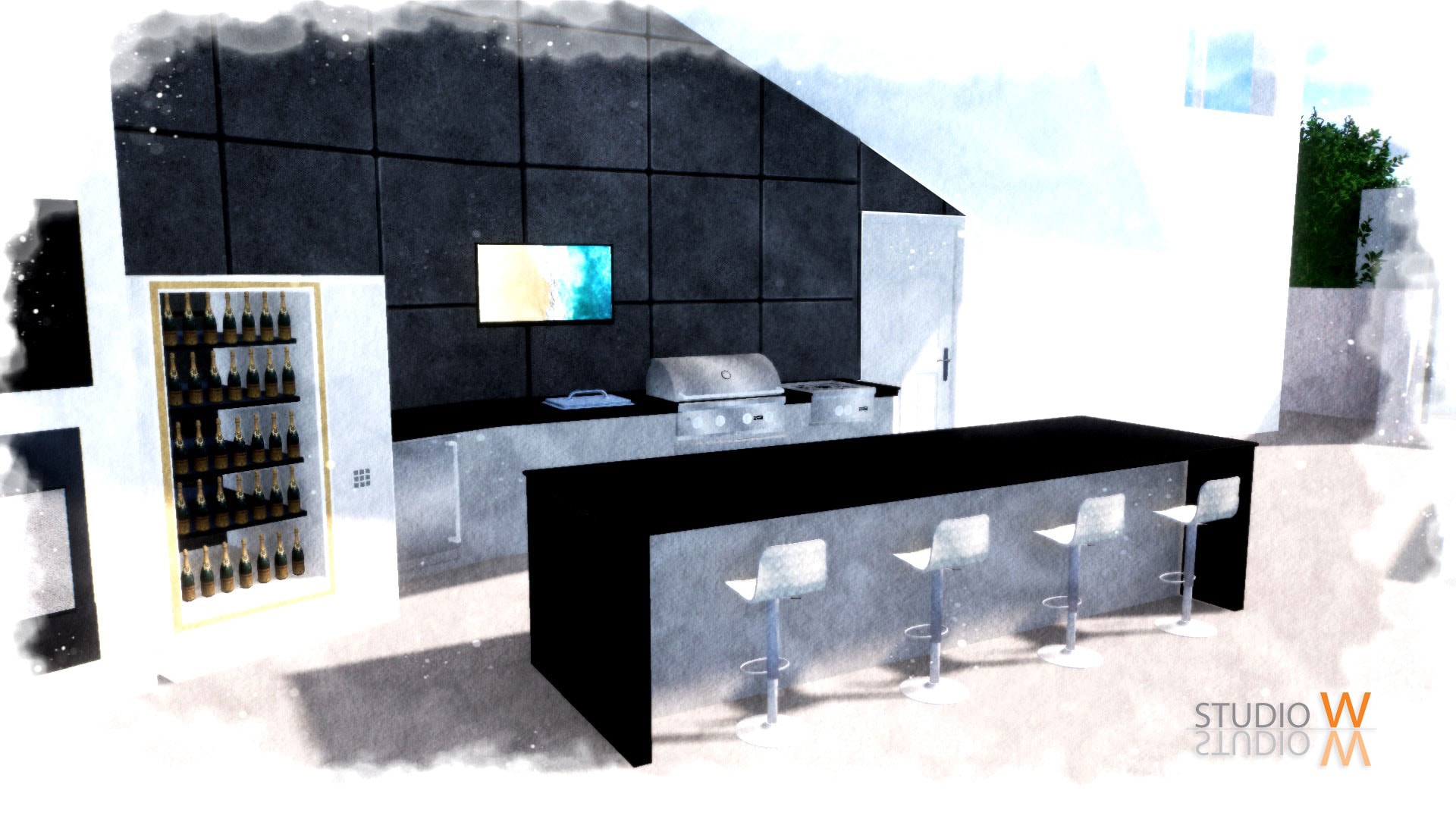 3D rendering of modern outdoor kitchen with wine display
