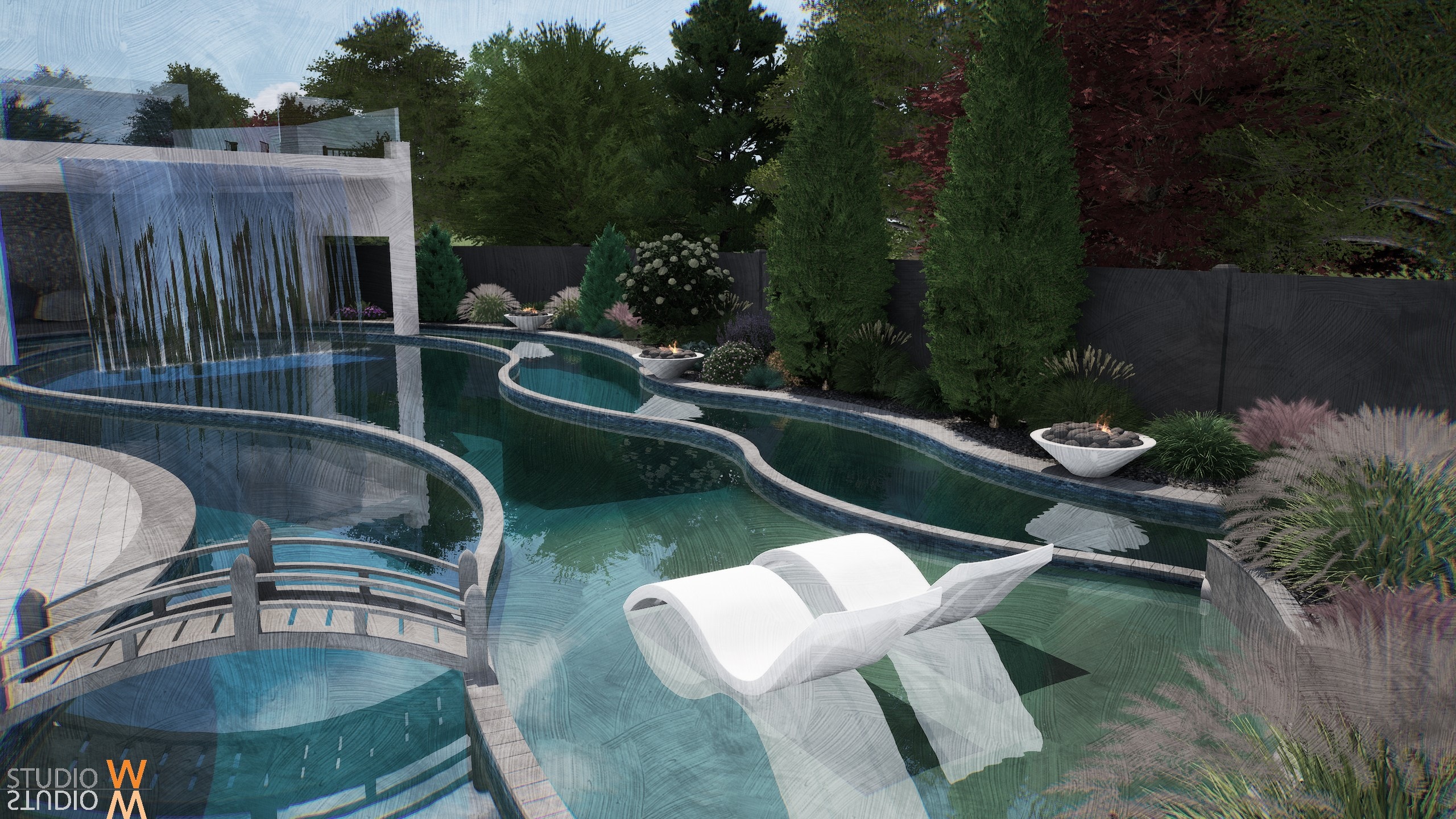 Studio W rendering of organic lagoon pool with sheet waterfall, in-pool chaise lounge, Japanese bridge, and lush planting